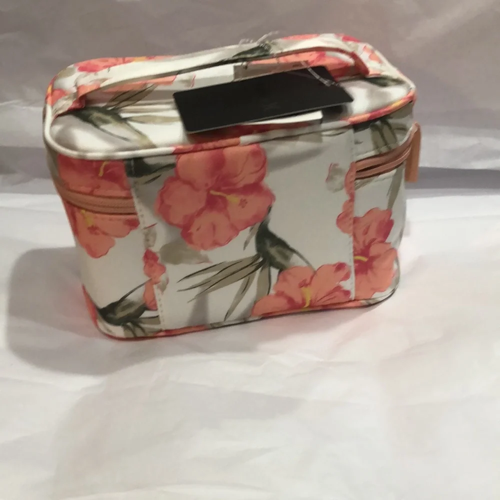 Hurley marshmallow white coral pink tropical print medium makeup beauty case new